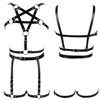 

Pentagram Leather Harness Bra Adjustable Women Sexy Top Cage Body Caged Bondage Lingerie Metal Buckle Black Strap Cothing