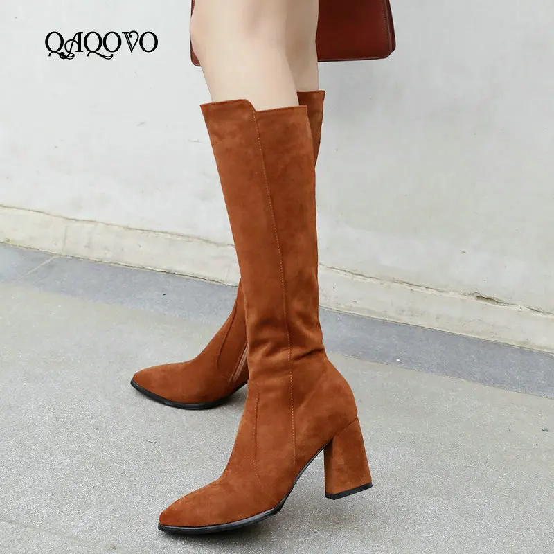 

2019 Winter Knee High Boots Flock Leather Sqaure High Heels Zipper Boots Fashion Pointed Toe Spring Autumn High Boots Shoes