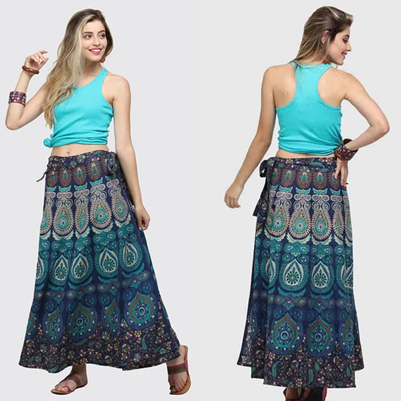 2019 Boho Цветочный длинная юбка с принтом для женщин кружево до летние пляжные повседневное макси юбки для Женская юбка E1