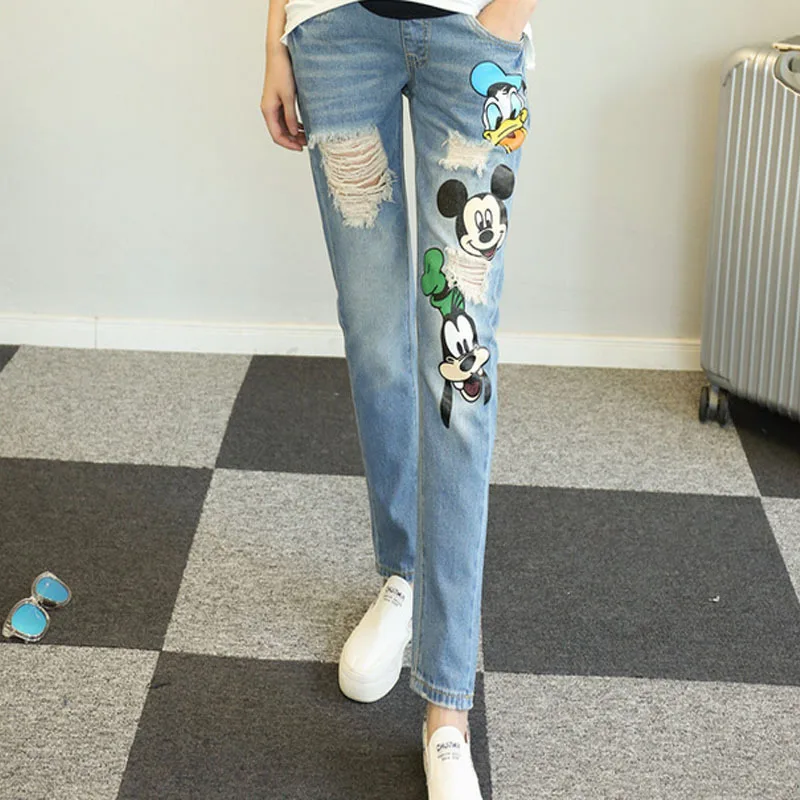 

Pregnant Women Jeans Pants Spring and Autumn Fashion Mickey New Trousers for Pregnant Women 2018 New Hole Denim Maternity Jeans