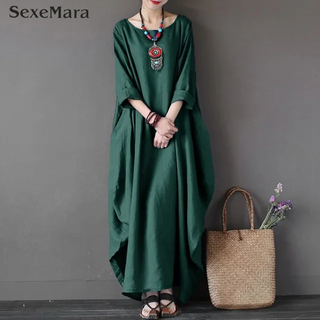 2018 Womens Crewneck 3/4 Batwing Sleeve Baggy Maxi Long Shirt Dress Casual Party Kaftan Solid Robe Vestido Plus Size