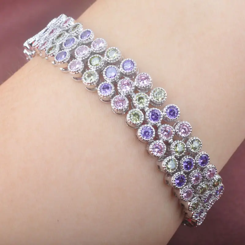 

Shining Multicolor Cubic Zirconia 925 Silver For Women Link Chain Bracelet Free Shipping OS0102