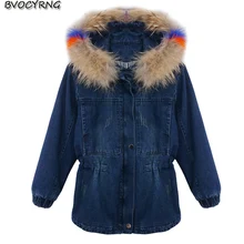 Зимняя женская джинсовая куртка, пальто с капюшоном, модный большой меховой воротник, короткие утепленные хлопковые парки, ковбойские куртки, женское повседневное пальто