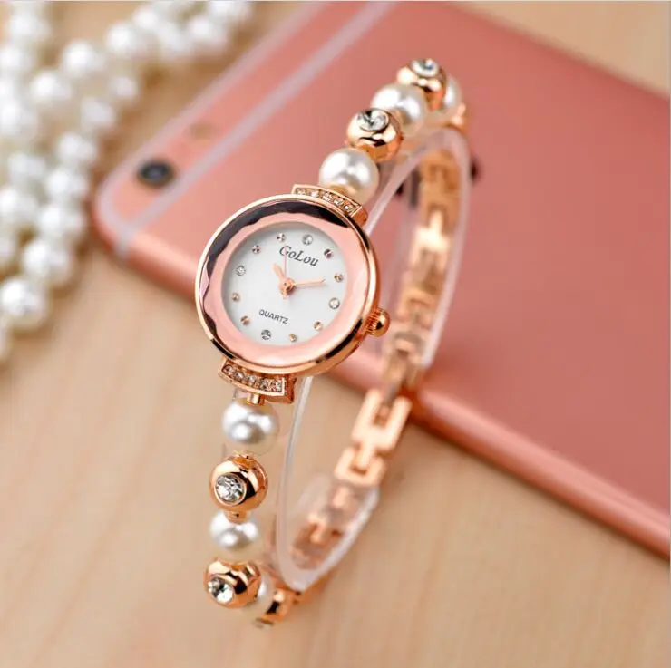 Luxury Rose Gold Pearl Bracelet Watches Women Ladies Rhinestone Dress