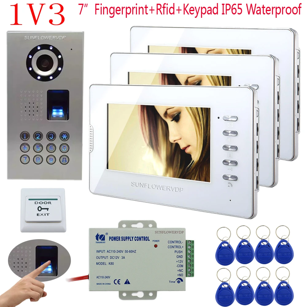 

Rfid Home Video Intercoms Fingerprint/Code Access Control Function 4-Wire Video Door Phone IP65 Waterproof Camera Full HD 1V3