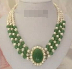 

huij 003912 3 Rows Genuine white pearl green jade pendant & Necklace
