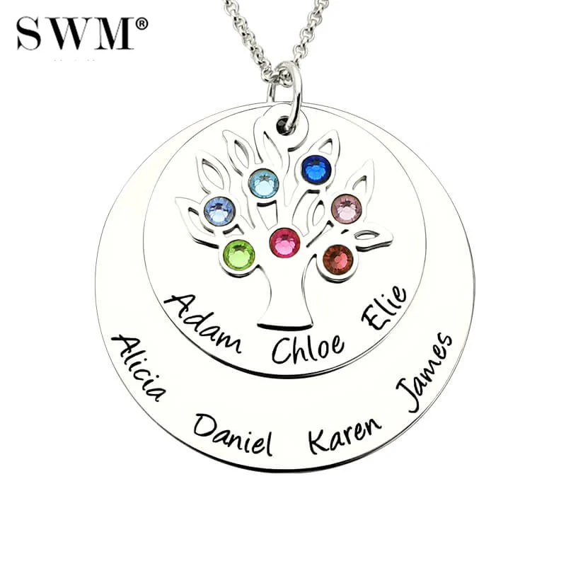 

Women's Custom Name Necklace Family Tree of Life Necklaces Layered Disc Pendant Birth Stone Chain Sterling Silver 925 Trinket