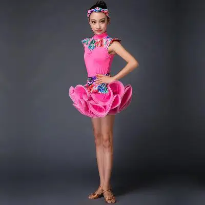Платье для латинских танцев для девочек, детское танцевальное трико с юбкой с длинными рукавами, комплекты для выступлений, соревнований, Стандартные Детские костюмы принцессы - Цвет: Short sleeve rose A