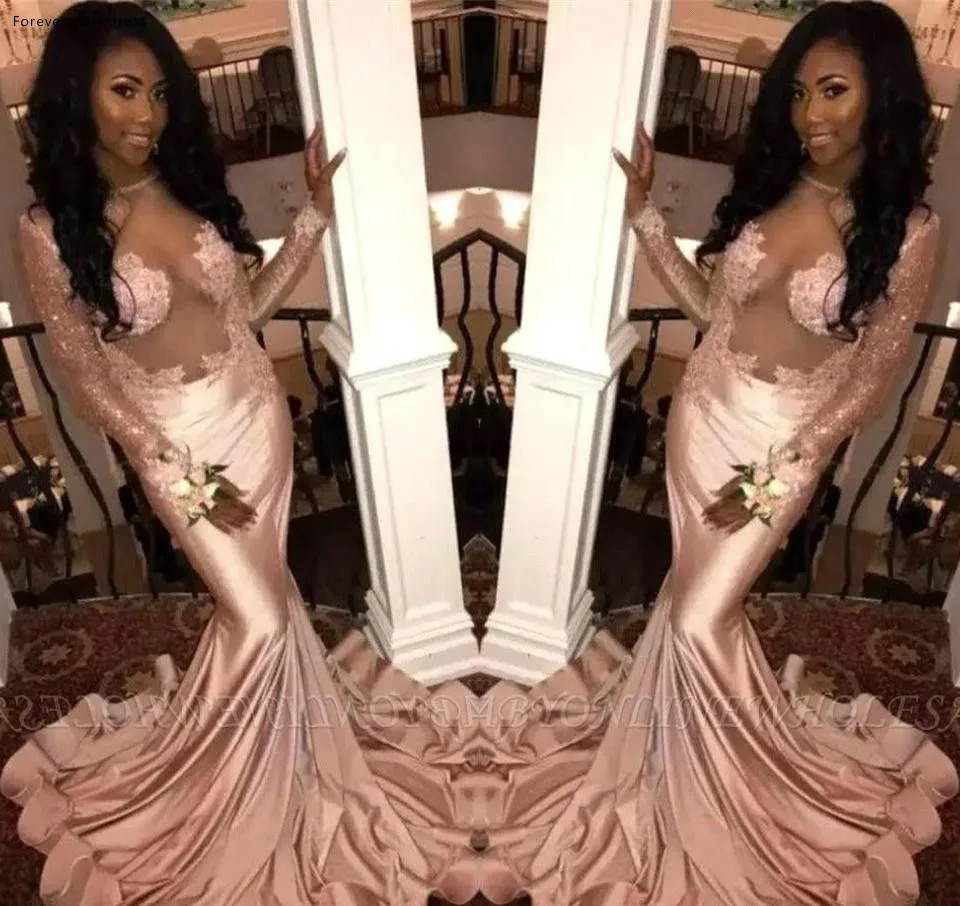 Dusky Pink Satin Mermaid Prom Dresses 2019 Illusion Top Sheer Long Sleeves Lace Applique Sweep Train Formal Party Evening Gowns BC1792  135 (2)