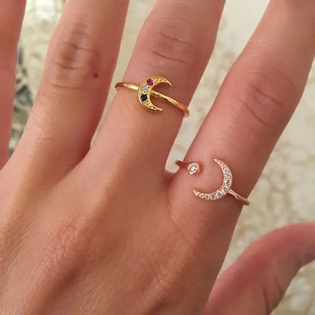 

Real 925 sterling silver gold color plated Simple crescent moon Ring for women delicate colorful tiny cz pave brand jewelry gift