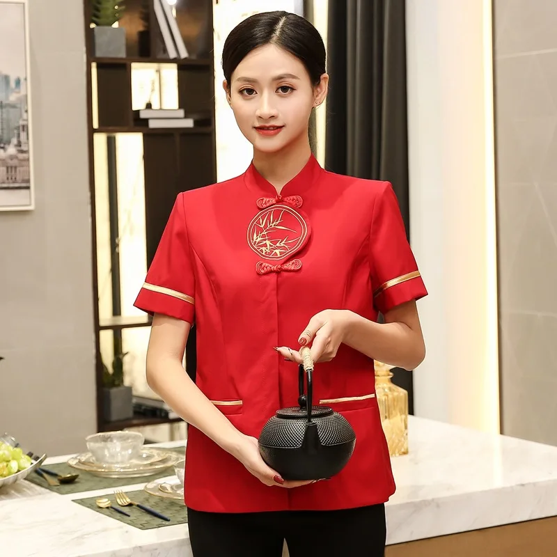 

Женский комбинезон официантки с коротким рукавом, летняя униформа для отеля, китайского ресторана, жакет для фаст-фуда, горячий горшок, магазин, чайный домик, пальто H2167