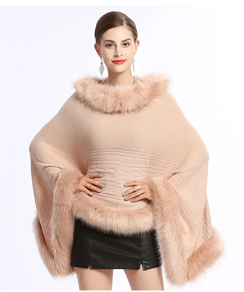 SC221, зимний женский черный искусственный кашемир размера плюс, треугольная шаль-свитер, Вязаное пончо, накидка из искусственного меха, свободные пуловеры
