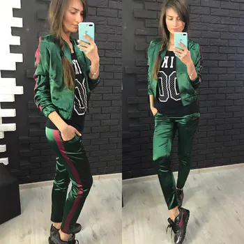 

CFYH New Tracksuit Women 2 Pieces Set Outwear Sweatsuit Zipper Striped Causal Long Sleeve Sweatshirt + Long Pants Women's Sets