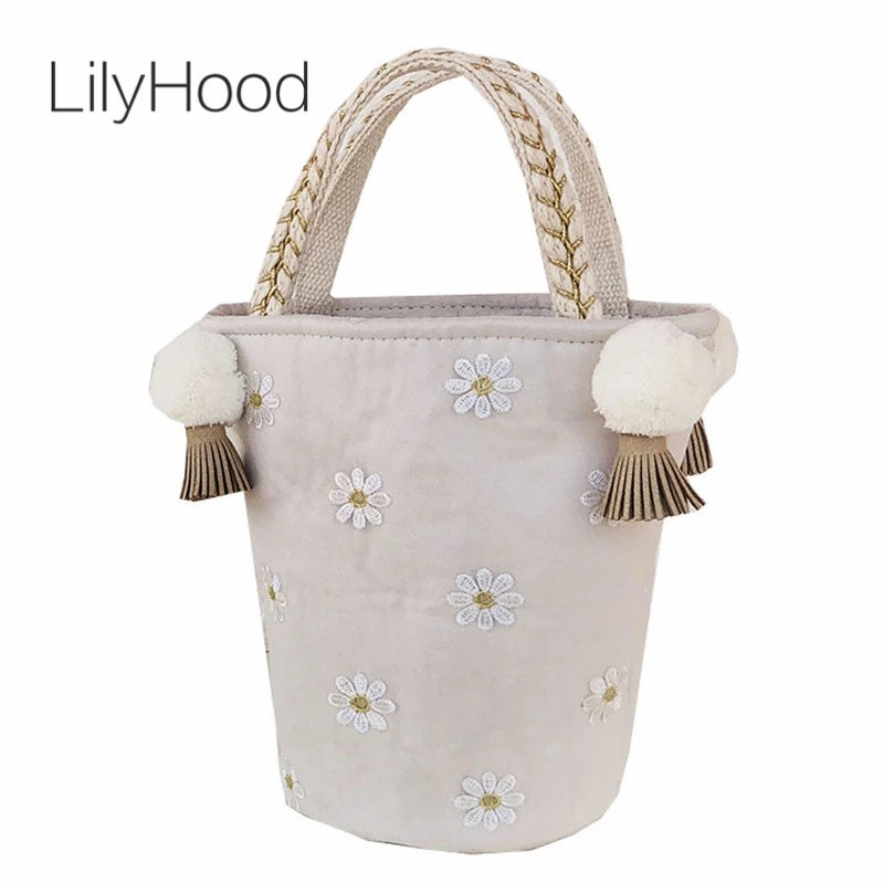 LilyHood Цветочная вышивка ручная сумка женская помпон ручка Tote Женская