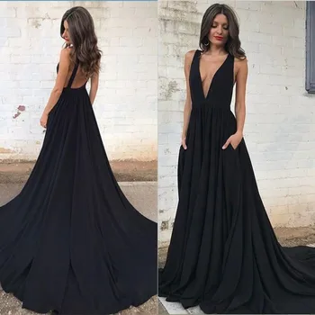 

Sexy Long Prom Dress Black Satin Deep V Neck Backless Simple Evening Dresses Womens Plus Size Formal Special Event Party Gowns