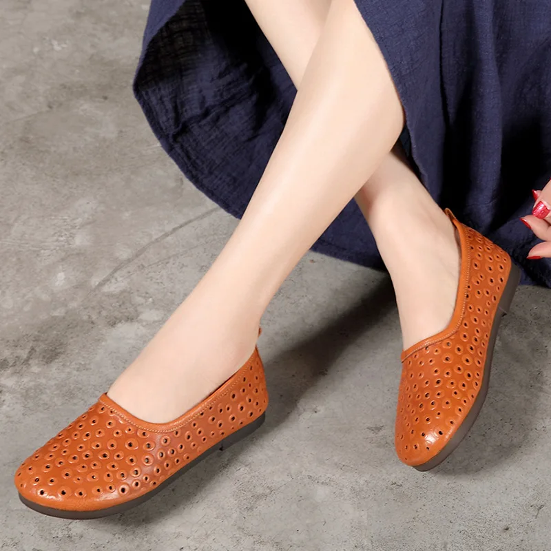 

2019 VALLU Women Shoes Personality Genuine Leather Dotted Hollow Flats Lady Simple Style Handmade Design Causal Solid Shoes