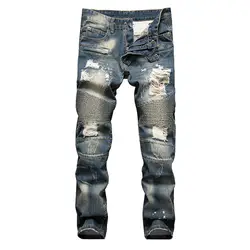Для мужчин Отверстия Прямые длинные джинсы High Street плиссе Джинсы Для мужчин мото Байкер джинсовые штаны ковбойские штаны размер 38