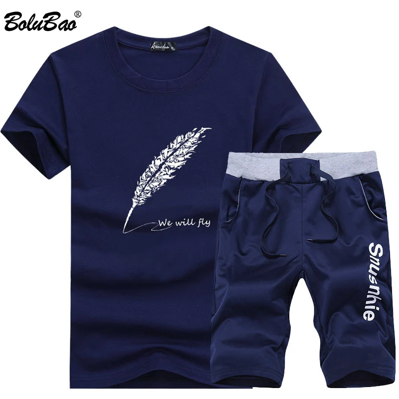

BOLUBAO Brand Men's Set Short Sportswear 2019 Summer Male Feather Printing Breathable 2 Piece Set Short Set Men Casual Sets