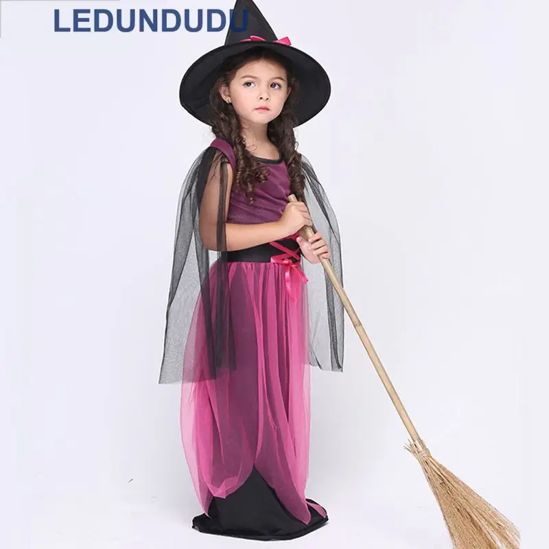 Children Halloween Fancy Party Suit Girls Magic Witch Dress Kids Rose Witch Cosplay Costume with Hat  (13)