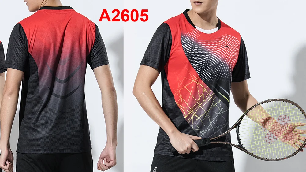 Новые мужские рубашки для бадминтона, спортивные рубашки для спортзала, теннисные рубашки, футболки для игры в бадминтон, топы для фитнеса и тенниса, спортивные футболки для бега - Цвет: A2605 red