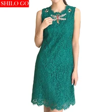 Free shipping 2016 new summer fashion women high quality dark green lace embroidered sleeveless dress beaded diamond dragonfly