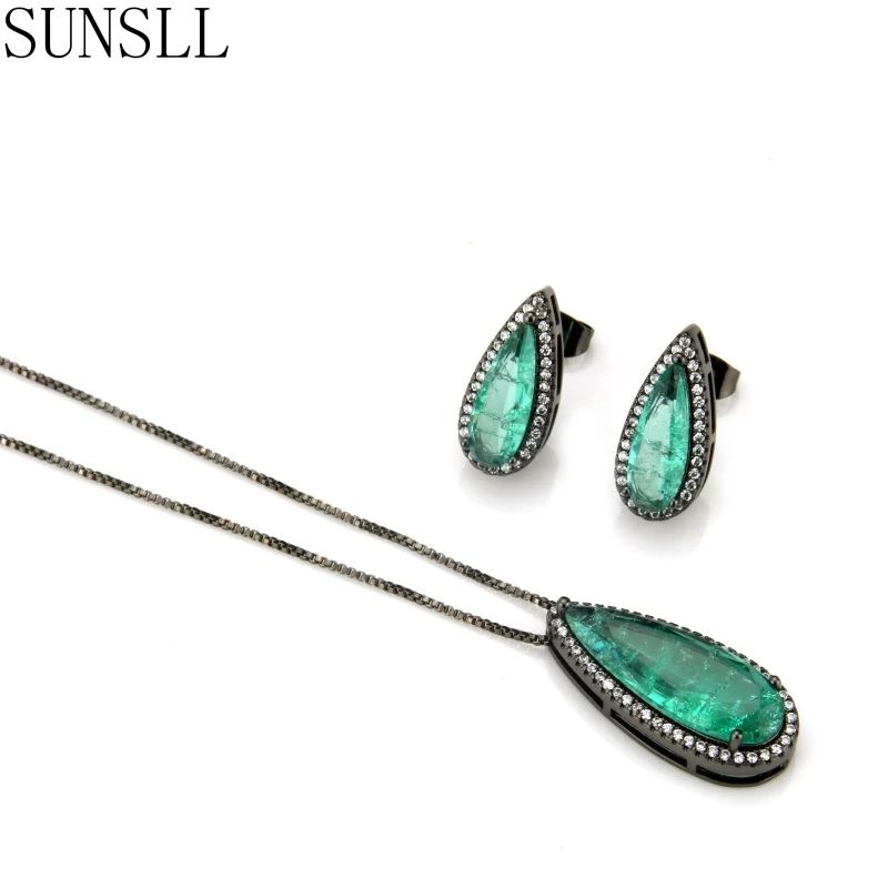 

SUNSLL Black Copper Multicolor Cubic Zirconia Water Drop Crack Stud Earrings And Pendant Necklaces Women's Fashion Jewelry Sets