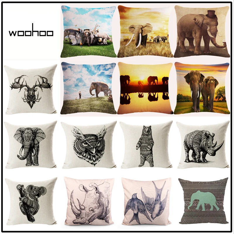 High definition animal pattern Linen Cushion Cover Elephant Horse tiger lion fox Pillow case Home decoration Pillow Cover