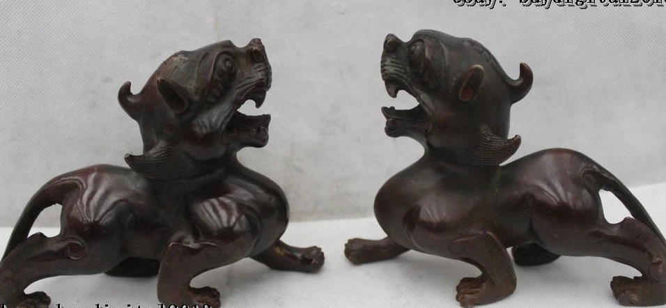 

6" Old Chinese Fengshui Bronze Dragon Pixiu Beast Unicorn Kylin Statue Pair