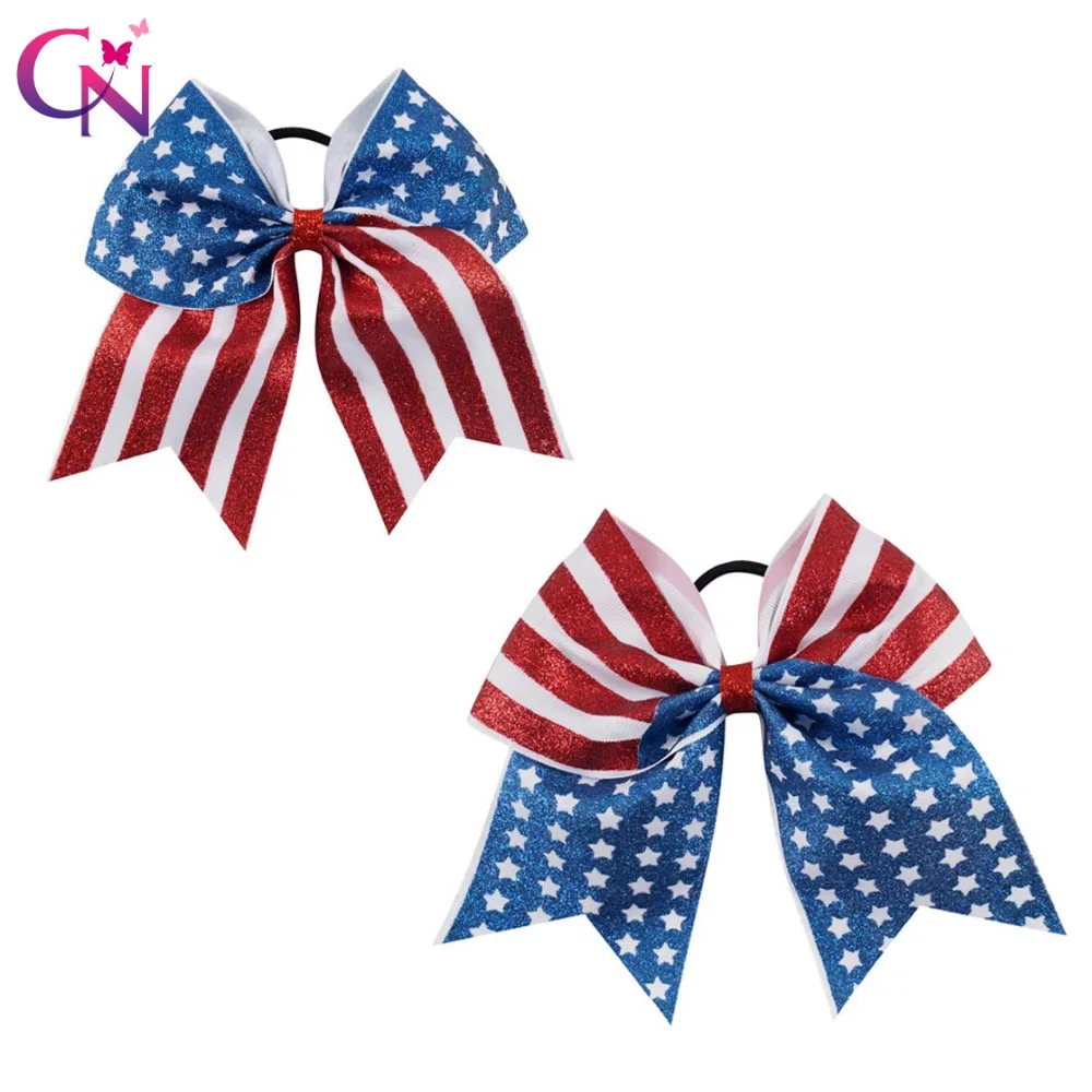 

10 Pieces/lot 4th Of July Cheer Bow With Elastic Band For Girls Kids Handmade Flag Glitter Ribbon Hair Bow Hair Accessories