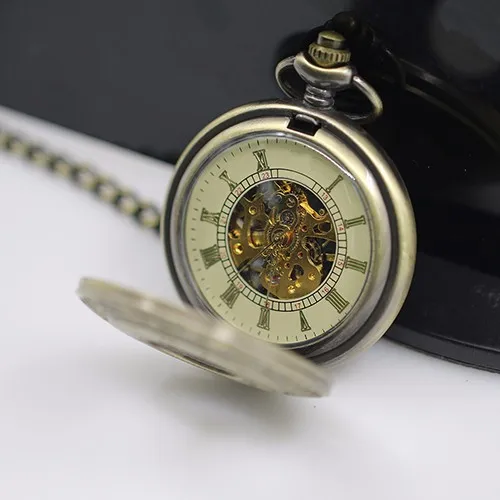 Унисекс Винтаж полые резные римскими цифрами Дело Механические карманные часы подарок