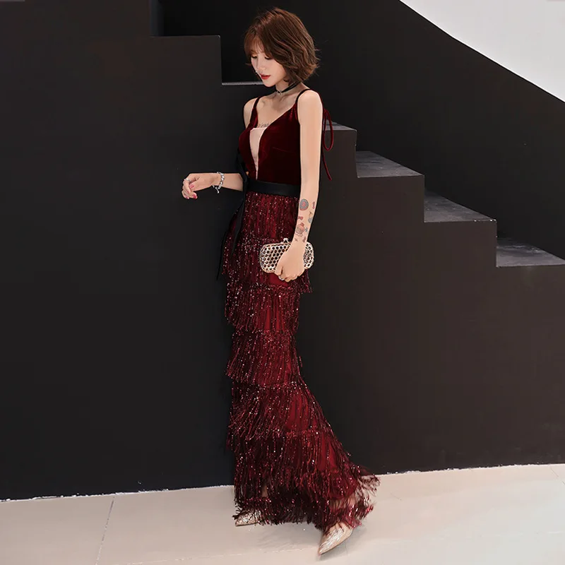 Это YiiYa вечернее платье сексуальное Spahetti ремень красное вино длинное официальное Труба платье сияющее кисточка подол платья для вечеринок E044