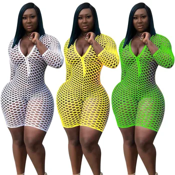 

HAOOHU Fishing Net Hollow Out Sheer Playsuit Fluorescent Color Deep V-Neck Zipper Short Romper See Through Jumpsuits For Women