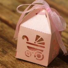 KAZIPA 50 pcs Bebê carriag Corte A Laser Rosa Romântico DIY Caixas Dos Doces Caixa de Presente para o Chá de Bebê da Festa de Aniversário Favor + fita