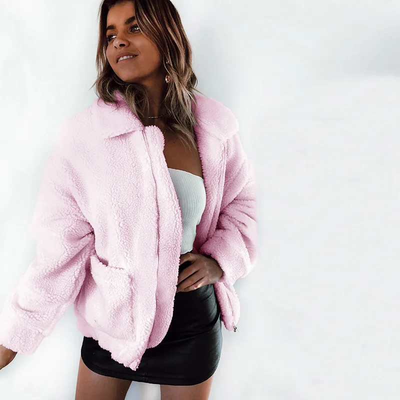 

plus size fashion ladies pink jackets 2018 winter turn-down collar loose woman coat pockets zippers womens female jacket korean