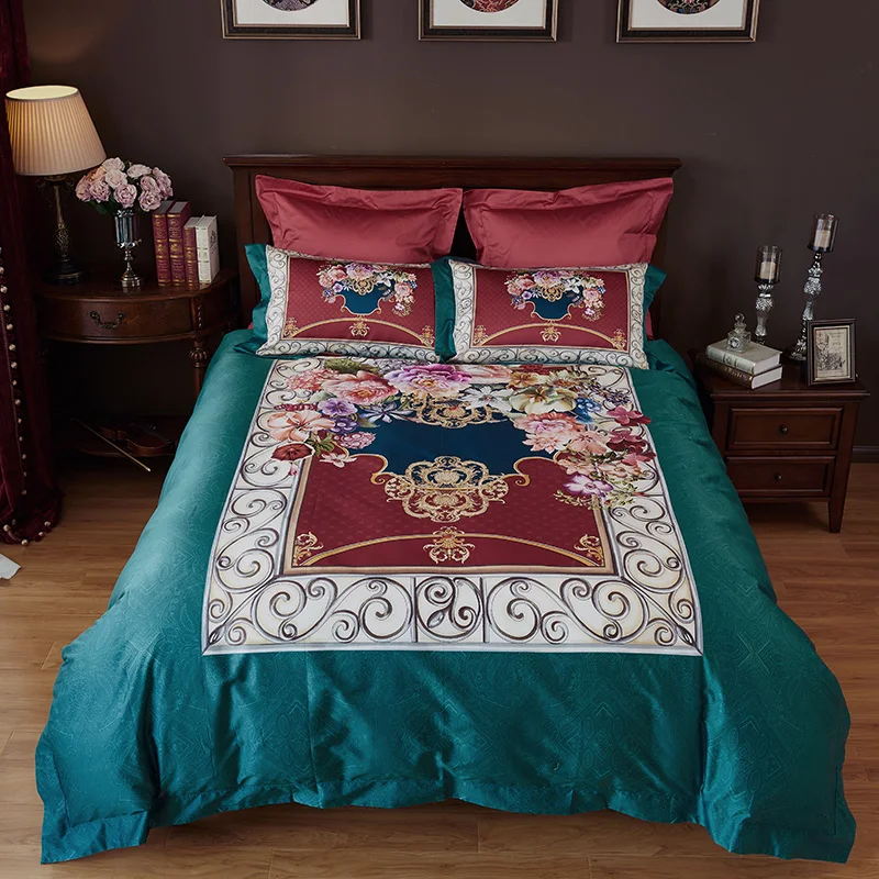 

2017 New Egypt Cotton Luxury Bohemia Bedding Set 4Pcs King Queen Size green Bed set Duvet Cover Bed Sheet