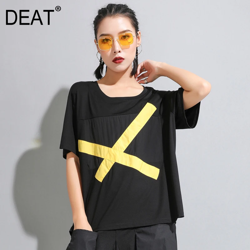 

[DEAT] 2019 New Spring Summer Round Neck Half Sleeve Pattern Printed Cool Loose Big Size T-shirt Women Fashion Tide JW89