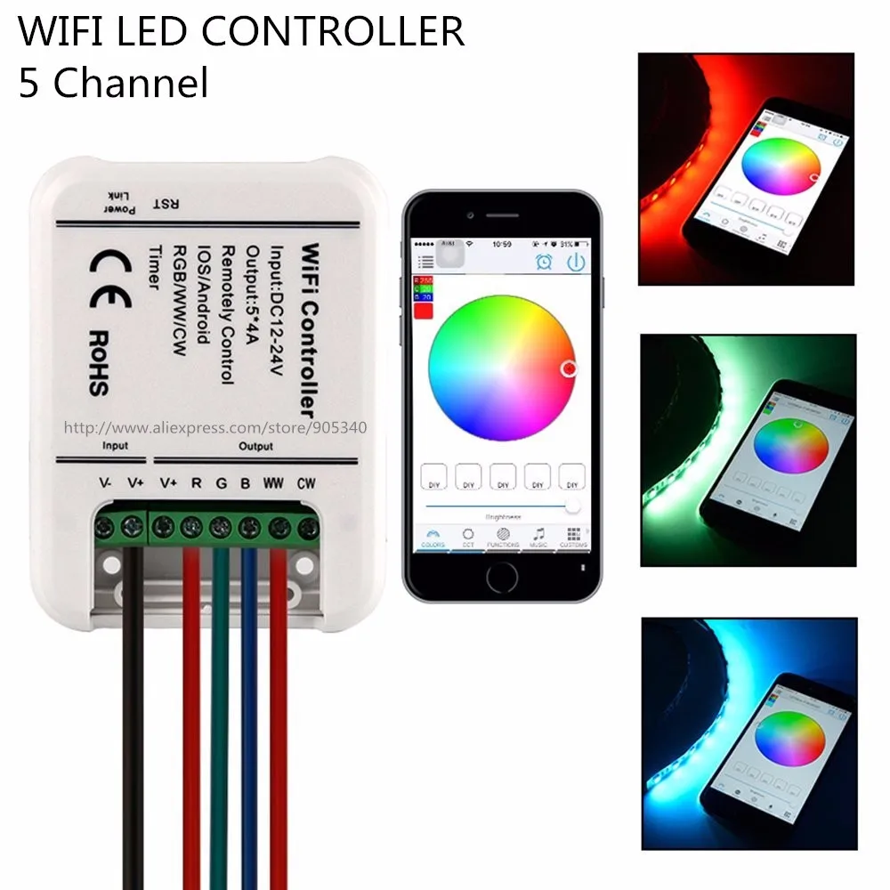 16 миллионов цветов Wifi 5 каналов RGB/WW/CW Светодиодный контроллер смартфон управление музыкой и таймером режим wifi светодиодный контроллер