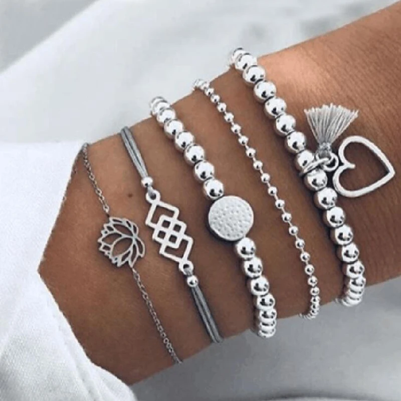 

GIVVLLRY 5 pcs/set Silver Beads Chain Bracelets for Women Bohemian Gray Tassel Geometric Flower Heart Charm Bracelets Jewelry