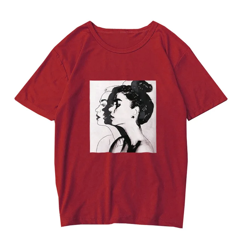 

New Fashion T shirt Spring Summer Girls Print Short Sleeve O Neck Cotton Spandex Women Top Slim Fit Soft Wine Tshirt Z30703