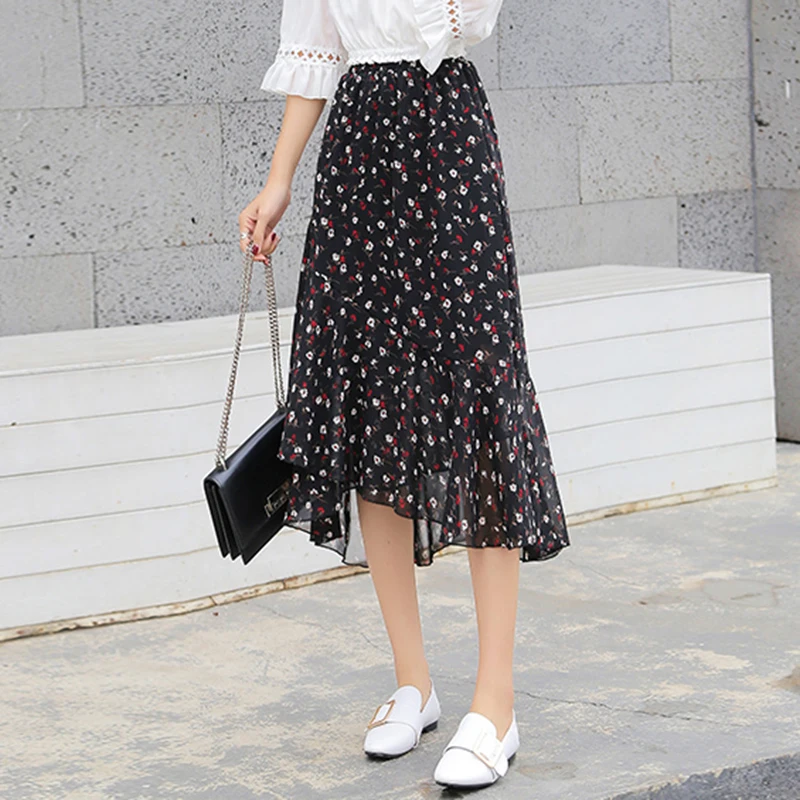 Floral Skirt Flower Kpop Chic Chiffon Ruffles Elegant Ladies Skirts Womens Summer New Harajuku High Waist Street Black Saia Midi Floral Skirt Flower Kpop Chic Chiffon Ruffles Elegant Ladies Skirts Womens Summer New Harajuku High Waist Street Black Saia Midi
