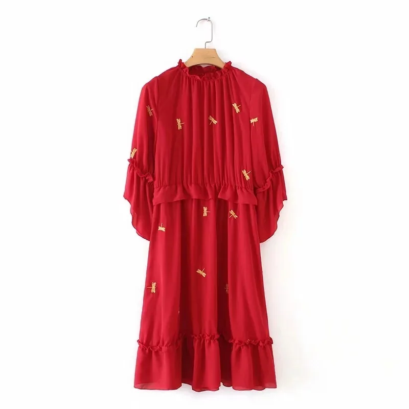 LANMREM Женская мода весна лето пуловер вышивка Стрекоза плиссированные оборки лоскутное платье женская одежда TB30303 - Цвет: Красный