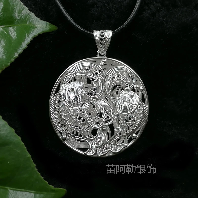 Silver original ethnic hand-brushed openwork three-dimensional solid silver fish pendant