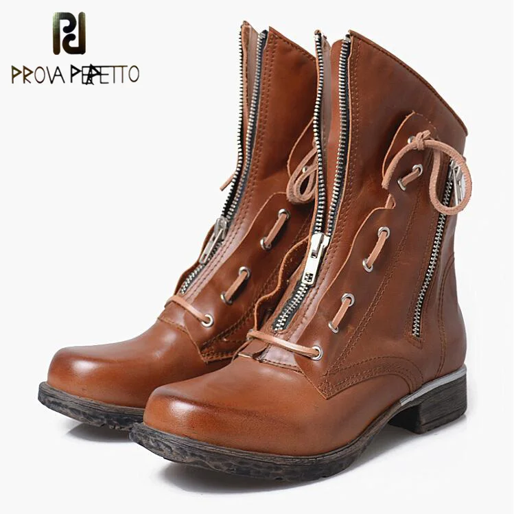 

Prova Perfetto Winter Ankle Boots Front Zipper Riding Boot Motorcycle Boots Round Toe Cozy Warm Cow Leather Chelsea Boots Women
