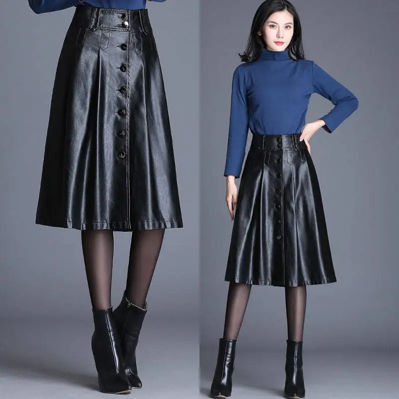 Осенняя Женская юбка из искусственной кожи с высокой талией, юбка-трапеция из искусственной кожи, модная Корейская уличная черная юбка из искусственной кожи для женщин