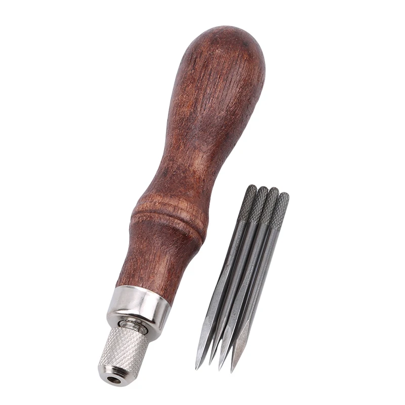 4 In 1 Leather Tools Sewing Awl Needles DIY Wood Handle Leather