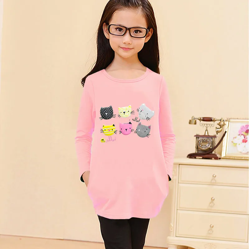 Футболка для маленьких девочек; детская одежда; Базовая рубашка на весну-осень; нижняя рубашка; хлопковая детская одежда с длинными рукавами и рисунком кота - Цвет: Розовый
