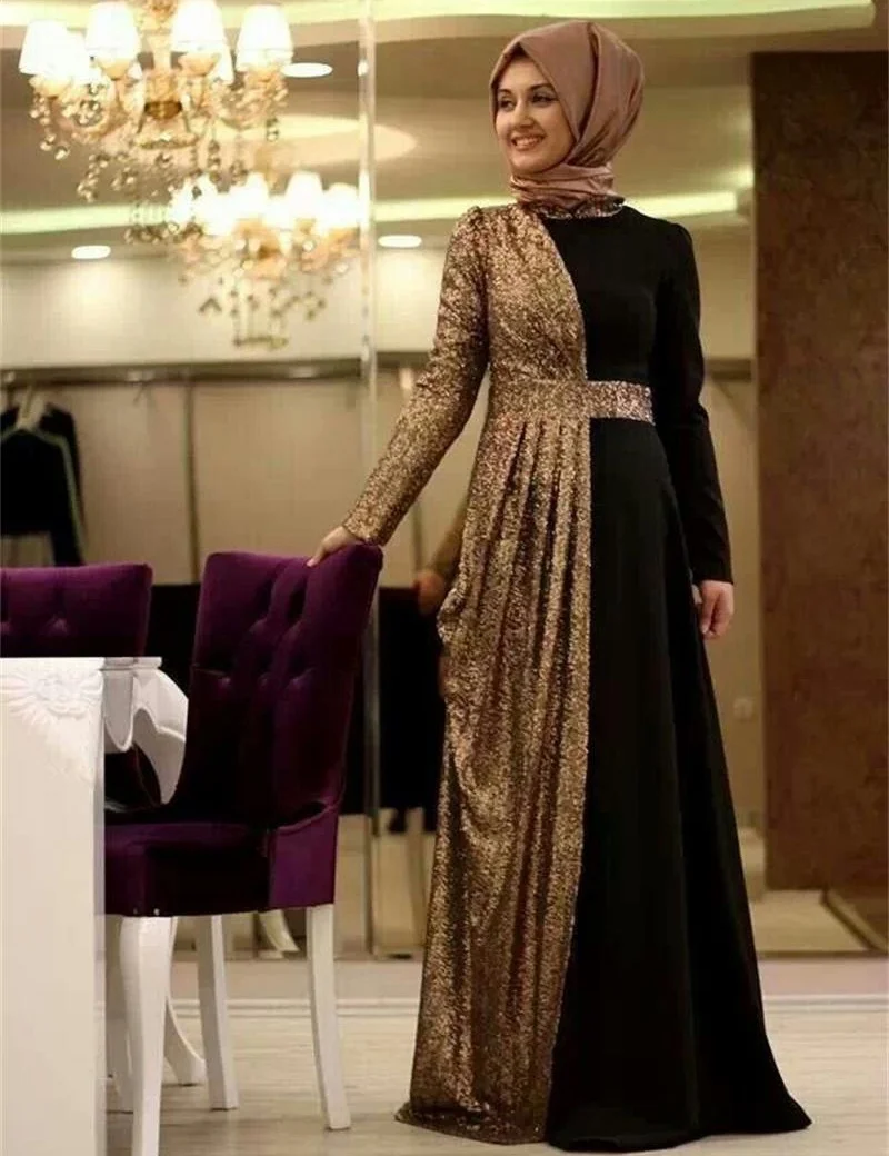 Jilbab Muslim Lengan Panjang Evening Dress 2015 Elegan Sexy Emas Payet Hitam Chiffon