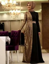 Muslim Hijab Long Sleeve Evening Dress 2015 Elegant Sexy Gold Sequin Black Chiffon Formal Wedding Party Dresses For Guest