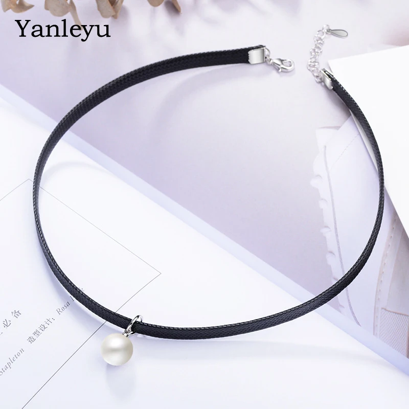 

Yanleyu Silver Color Choker Necklace Black Leather Velvet Strip Woman Collar Party Jewelry Simulated Pearl Accessories PN016