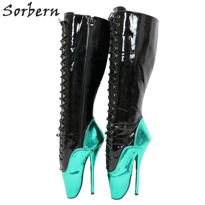 

Sorbern Metallic Knee High Boots Ballet High Heels Custom Wide Slim Le Fit Fetish Boots Sissy Boy Ballet Stilettos Lace Up